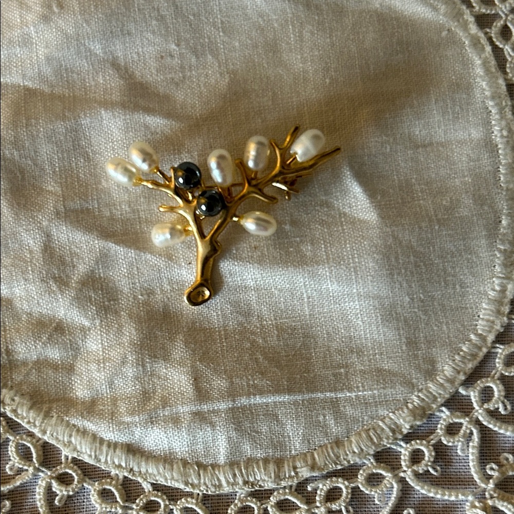 Gold-Tone Branch Brooch with White Pearls and Black Beads